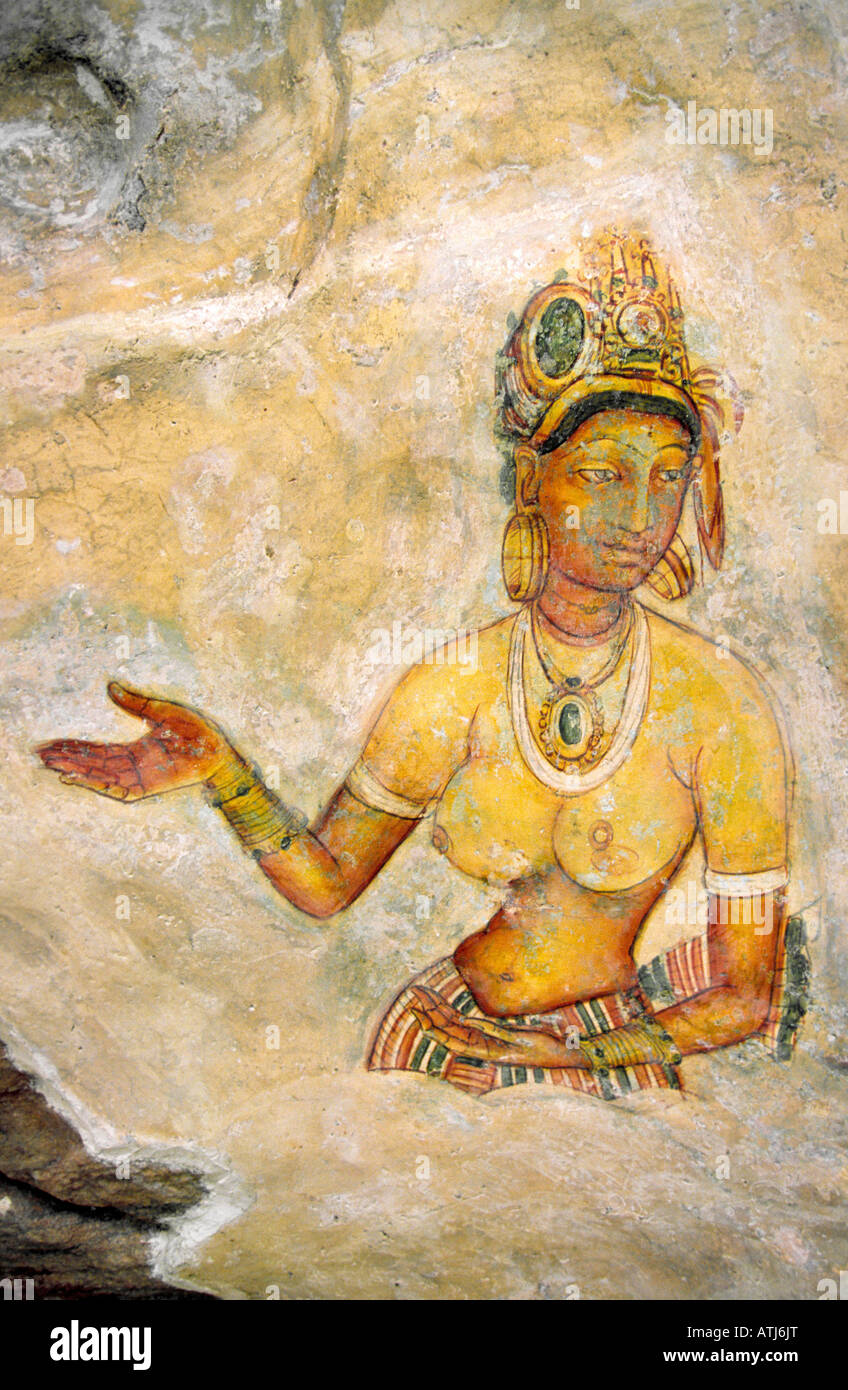 Sri Lanka Sigiriya rock fortress Maiden tempera fresco Stock Photo