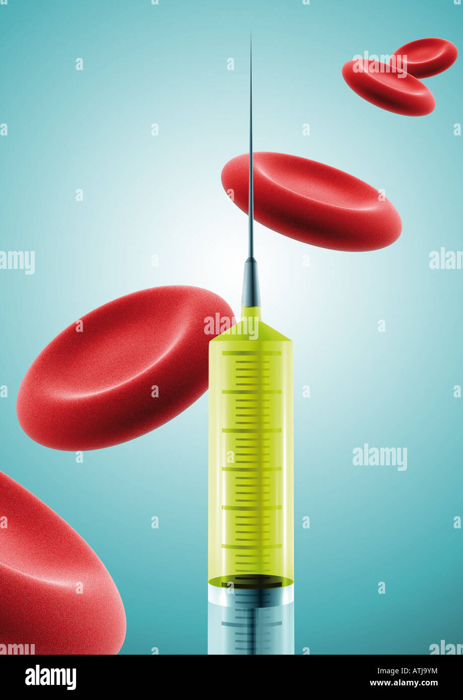 syringe and blood platelets Spritze und Blutplättchen Stock Photo