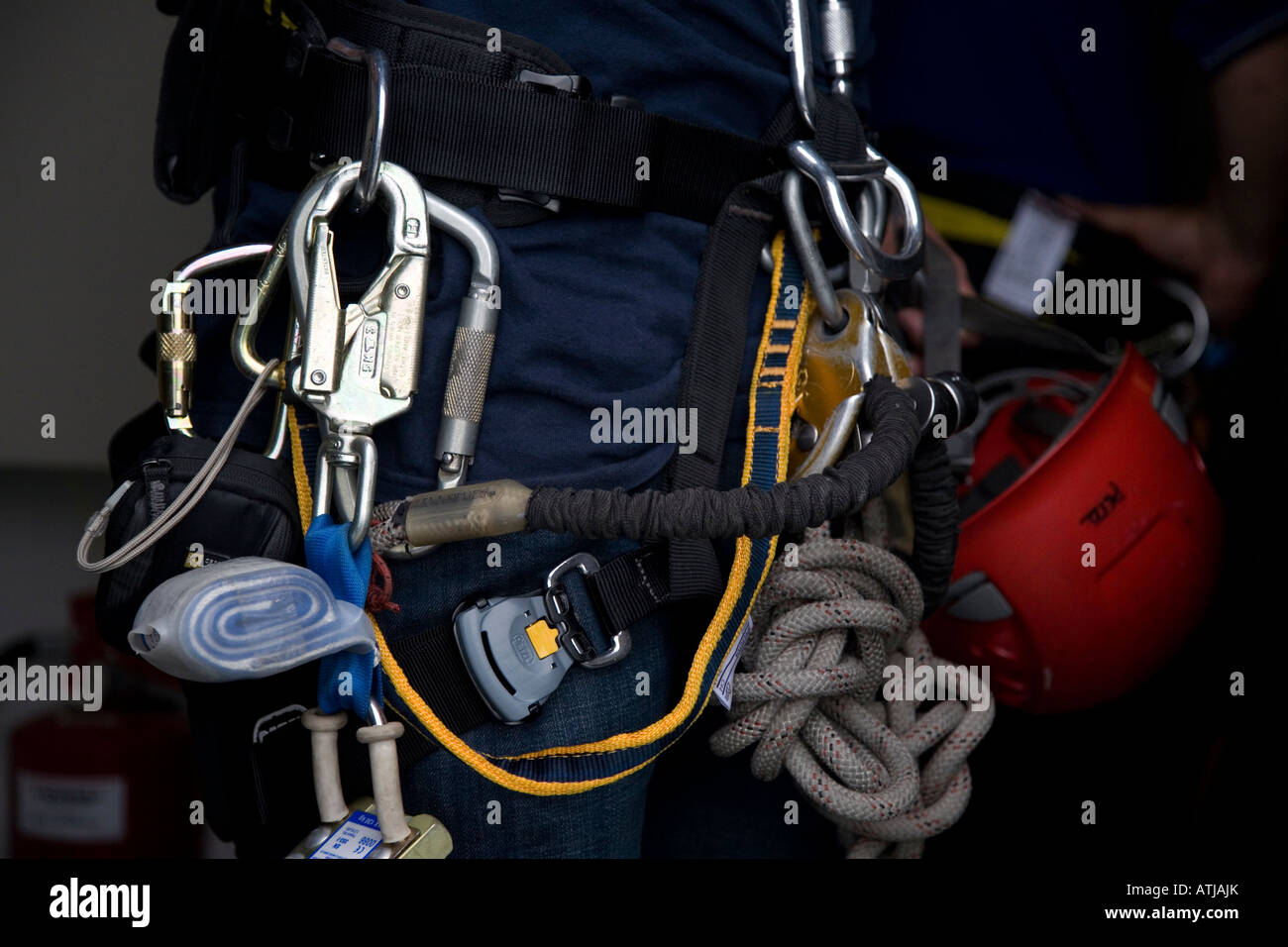 climber harness showing carbiners, ropes, clips and clamps Stock Photo