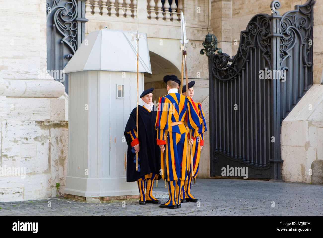 The Papal Swiss Guard at the changing of the Guard, Vatican City, Holy See, Rome / Roma, Italy Stock Photo
