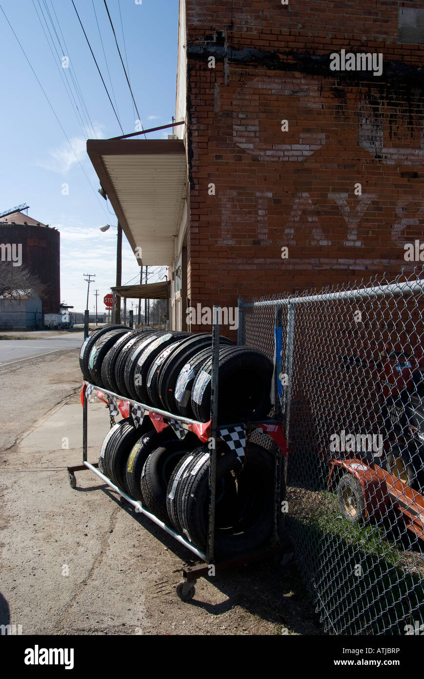 Tires on display outside a small shop/garage in Celina Texas Stock