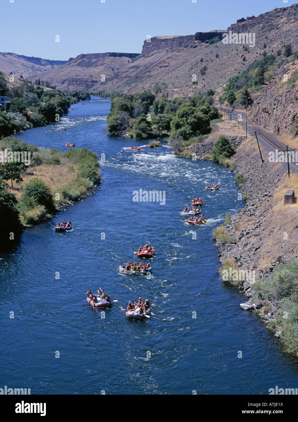 A view of white water rafters on the Lower Deschutes River near the town of Maupin in central Oregon Stock Photo