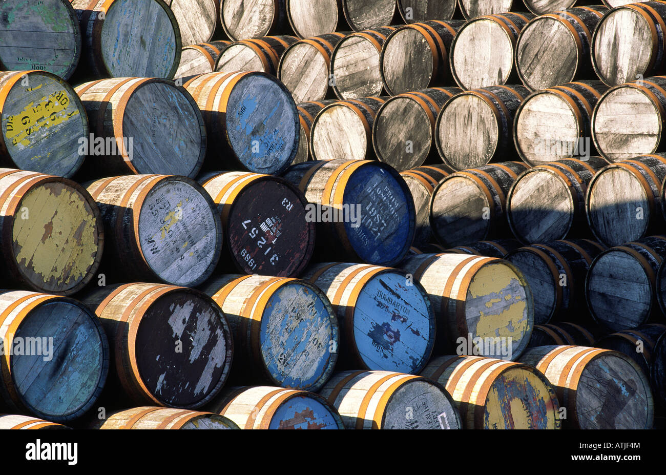 Stored whisky barrels in town of Dufftown, Scotlands whisky capital. Strathspey, Speyside, Grampian region of Scotland Stock Photo
