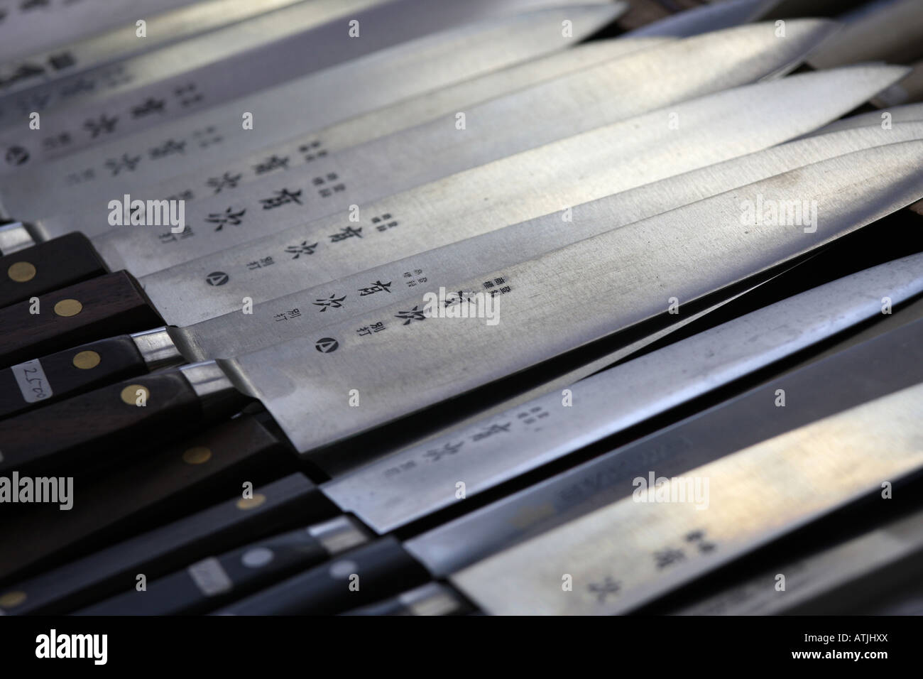 Japanese steel knives on the fish market in Toyko Stock Photo