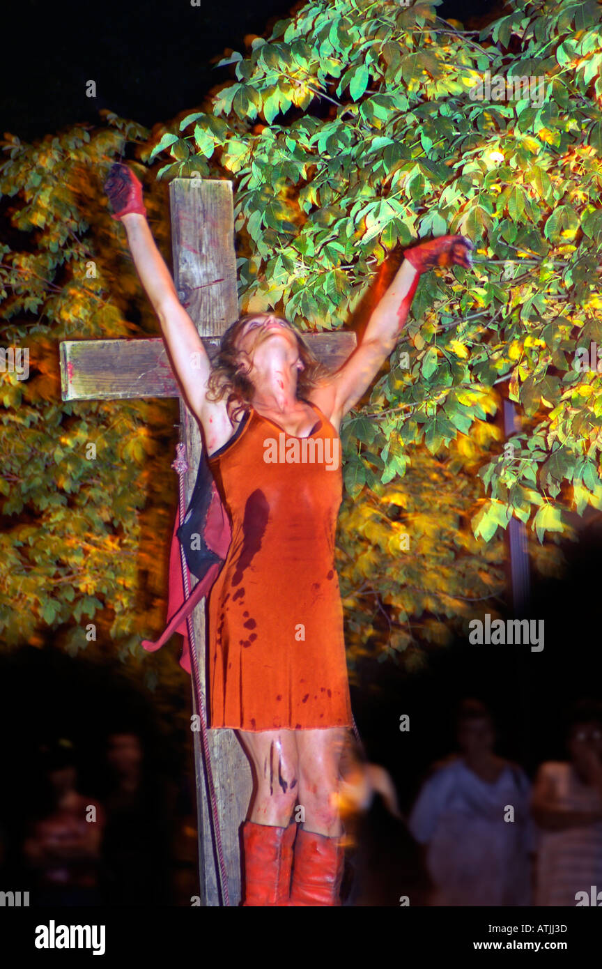 Performance of public execution crucifixion of Witch Stock Photo