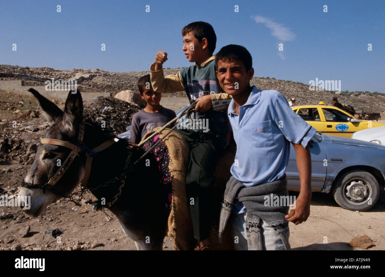 Teenage boys and donkey on destroyed road, Tulkarm, West Bank Stock Photo