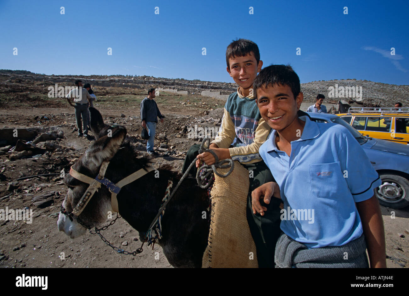Teenage boys and donkey on destroyed road, Tulkarm, West Bank Stock Photo