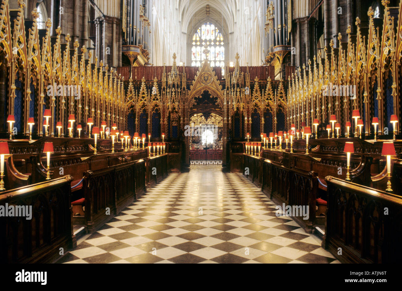 Westminster Abbey interior Choir stalls candle light gothic architecture London England UK nave Medieval architecture English Stock Photo