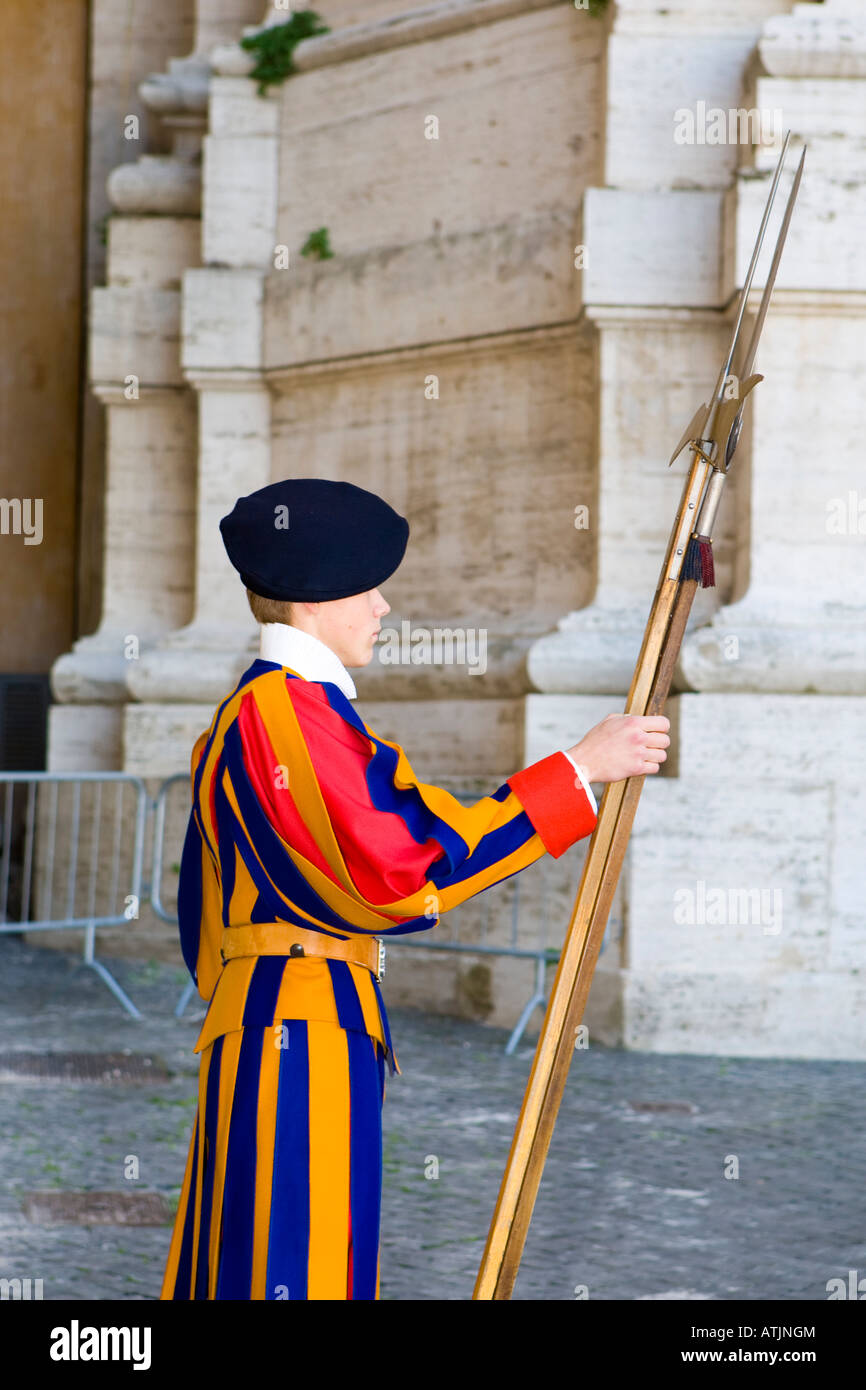 The Papal Swiss Guard at the changing of the Guard, Vatican City, Holy See, Rome / Roma, Italy Stock Photo