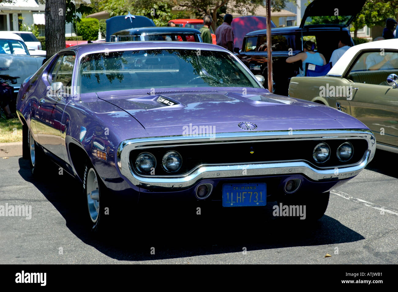 Los Angeles California car show antique customized Plymouth Barracuda 383 1970 70 70s blue Stock Photo