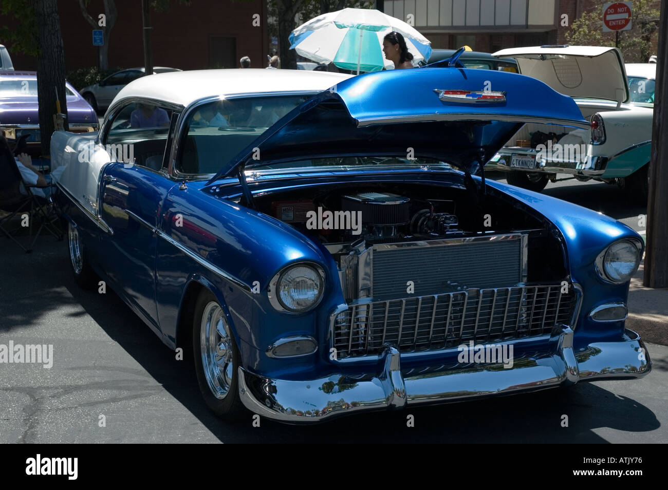 Los Angeles California car show antique customized Chevy Chevrolet Bel Air 57 1957 blue and white Stock Photo