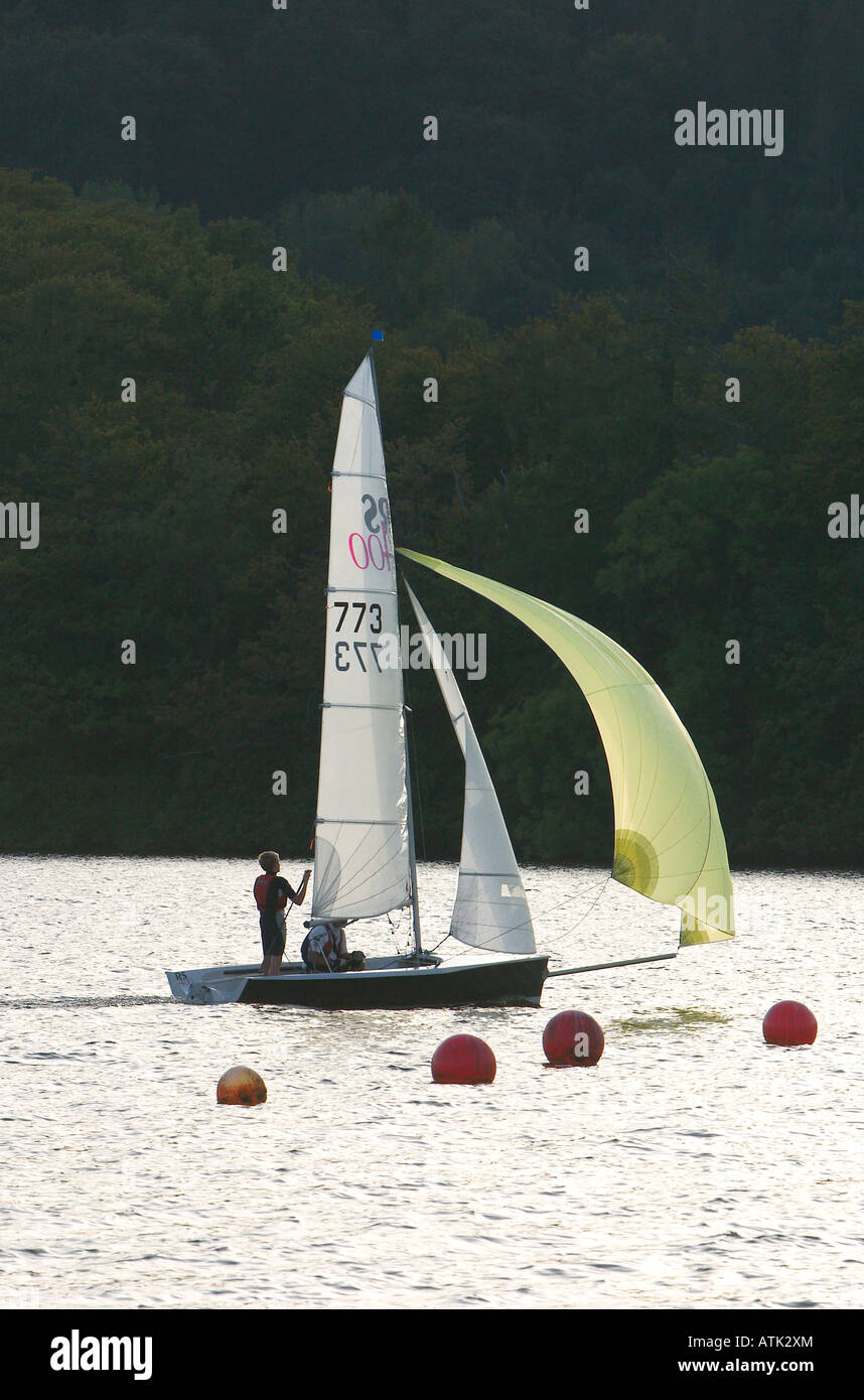 Racing dinghy sailing around mark, Windermere, The Lake District