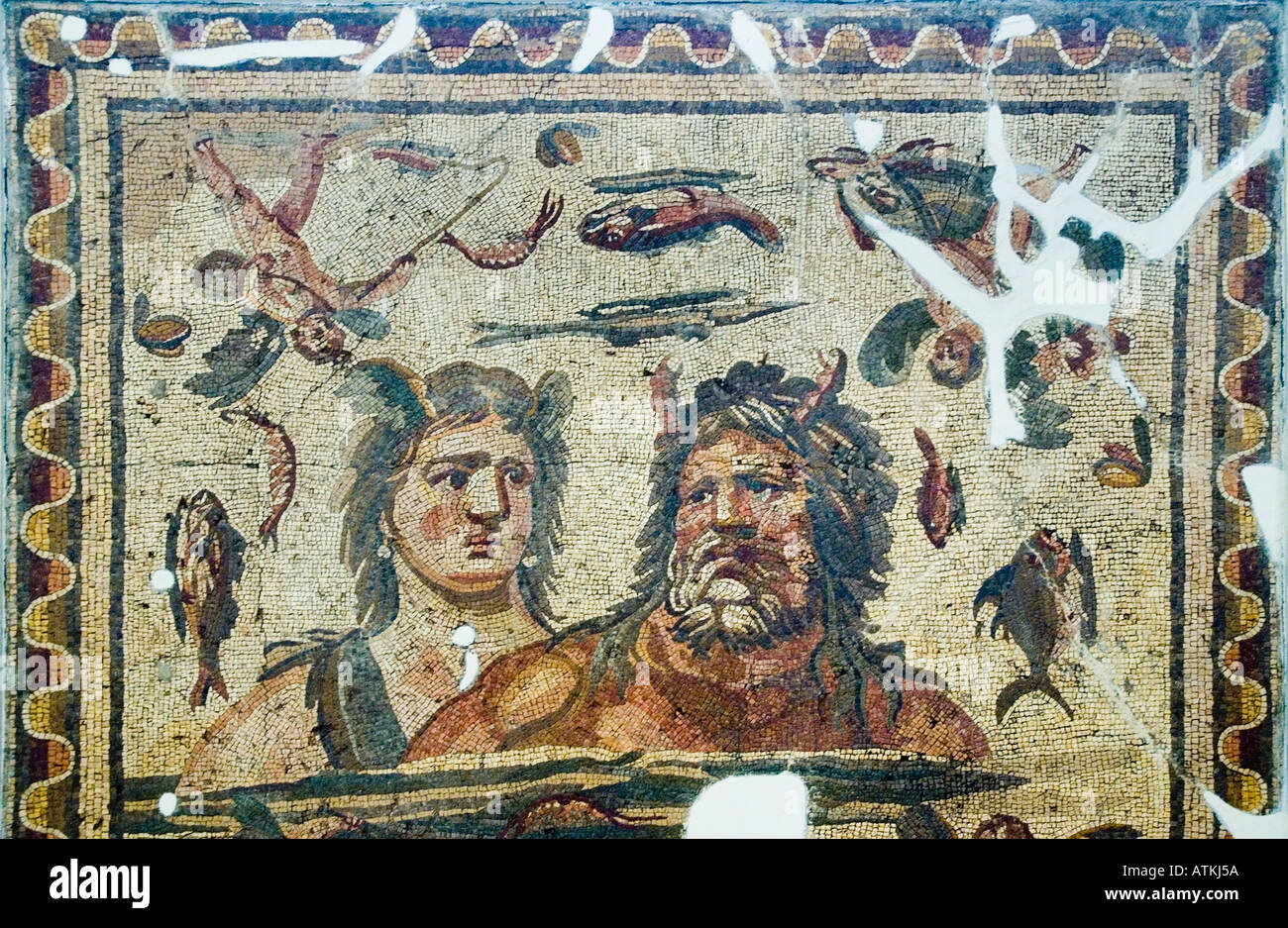 Oceanus and Thetis mosaic, 4 th fourth century AD, found Harbiye, Daphne, Hatay Museum, Antakya, Turkey, Middle East. DSC 6396 Stock Photo