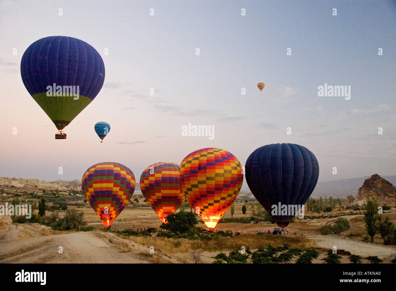 Ballooning in the serene landscape, early morning light, Goreme,  Kapadokya, Cappadocia, Turkey, Middle East. DSC 6593 Stock Photo