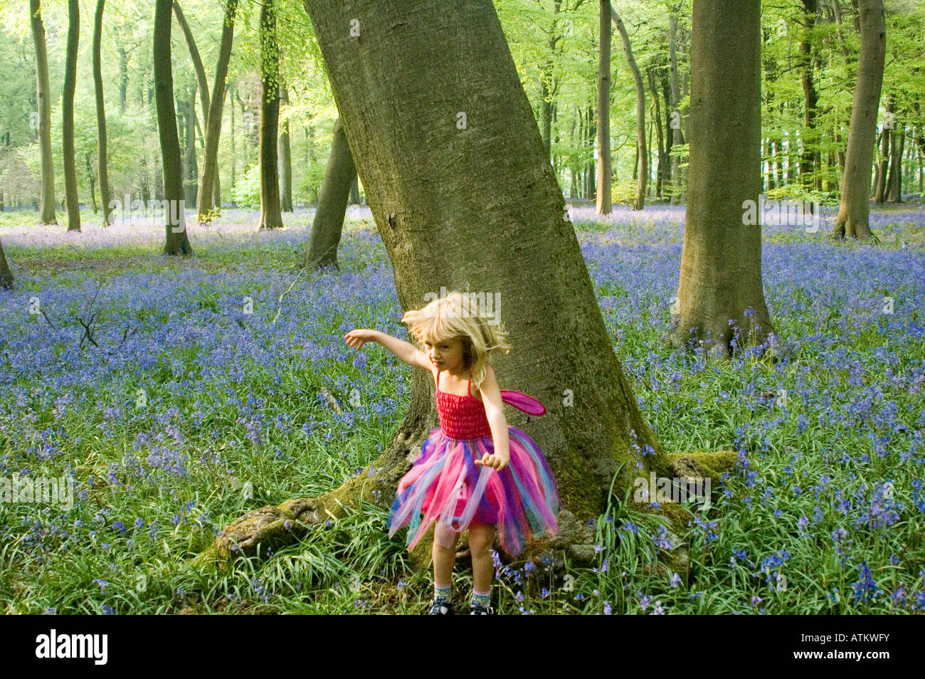 A five year old girl dressed in a fairy outfit running in an English