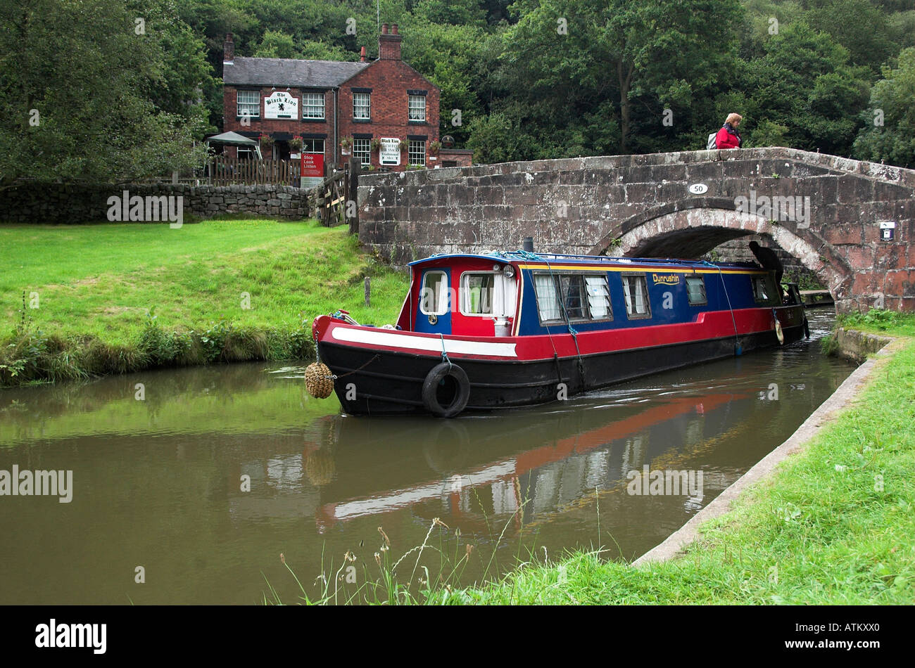 Narrow boat on the Caldon canal at Consall, near Leek, Staffordshire. England Stock Photo