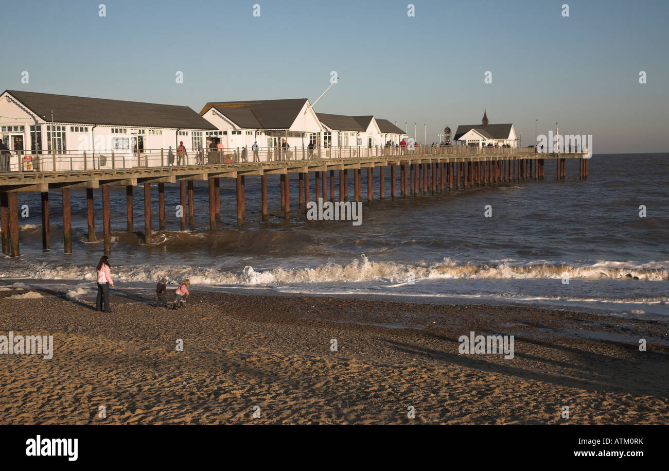 Southwold pier and beach on sunny winter day Stock Photo