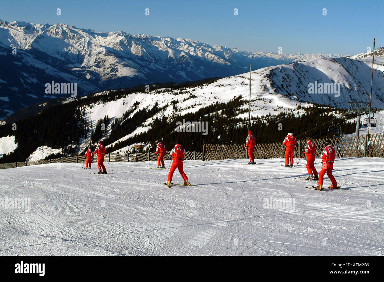 The view from and or skiers on the summit of Schmittenhohe mountain above Zell am See  Stock Photo