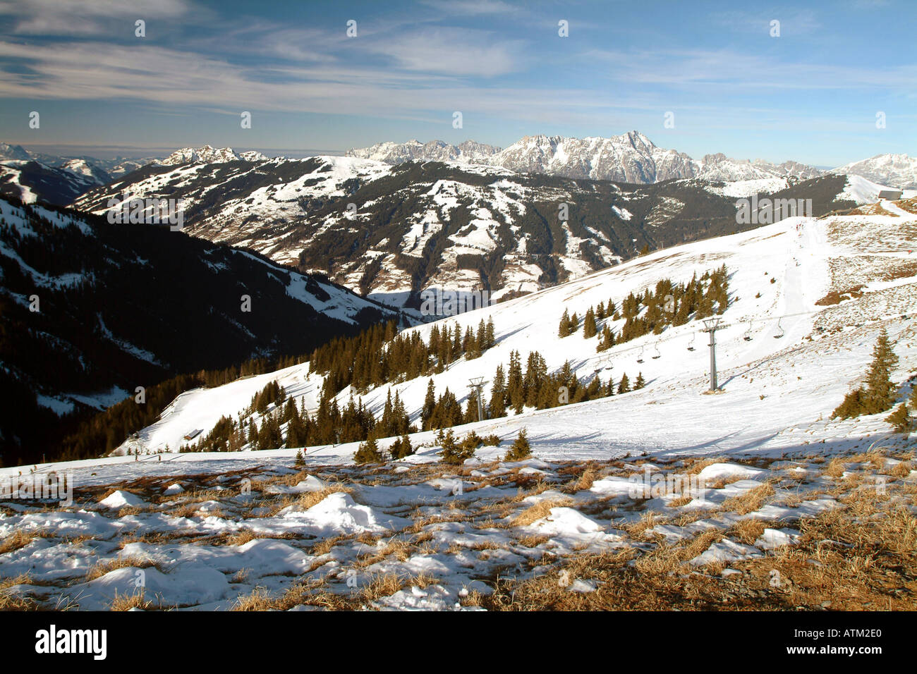 The view from and or skiers on the summit of Schmittenhohe mountain above Zell am See  Stock Photo
