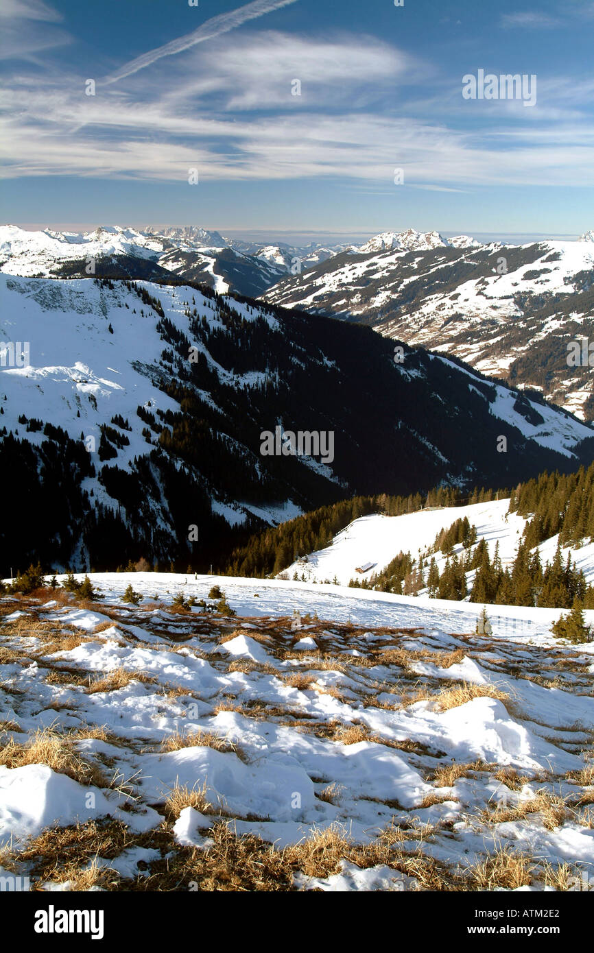 The view from and or skiers on the summit of Schmittenhohe mountain above Zell am See  Stock Photo