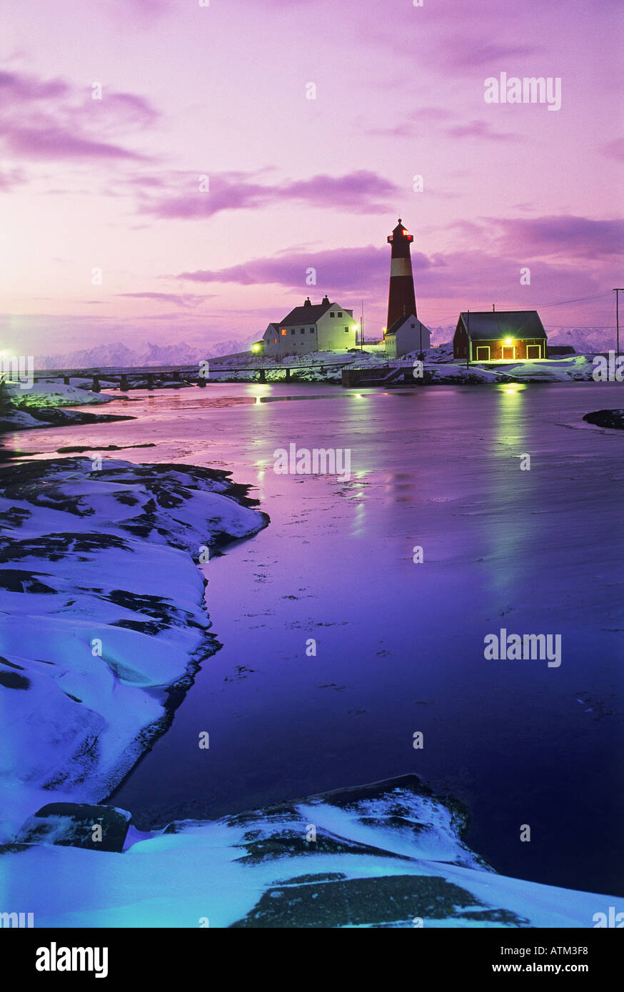 Tran Island Lighthouse across from Lofoten Islands in Northern Norway Stock Photo