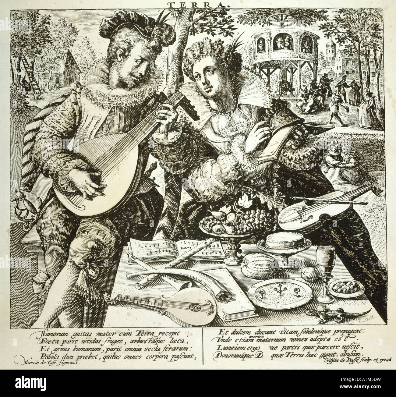 fine arts, de Passe, Crispin the Elder (1564 - 1637), graphic, couple playing music, copper engraving, based on a painting by Marten de Vos, from the series 'Terra' (The earth), Holland, circa 1600, private collection, Artist's Copyright has not to be cleared Stock Photo