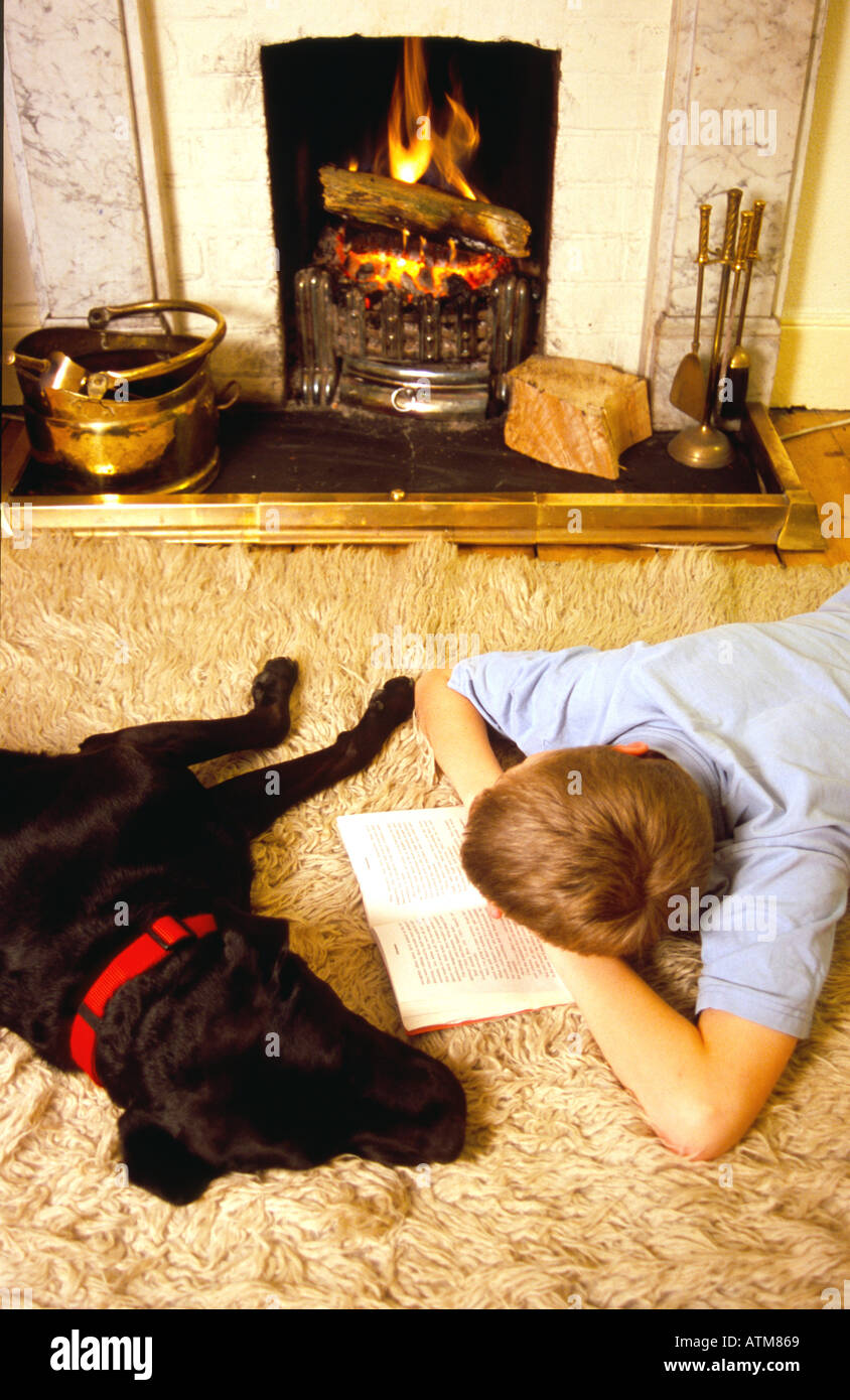 Boy reading by fireside with Labrador dog lying down Oscar Hanna Stock Photo