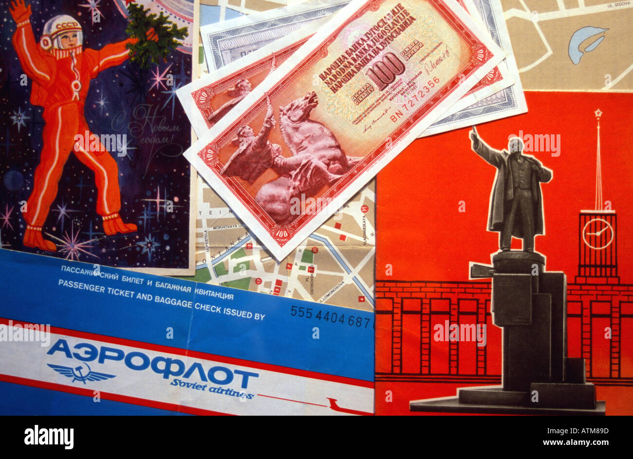Map of Leningrad with Soviet era postcards Aeroflot ticket and currency Stock Photo
