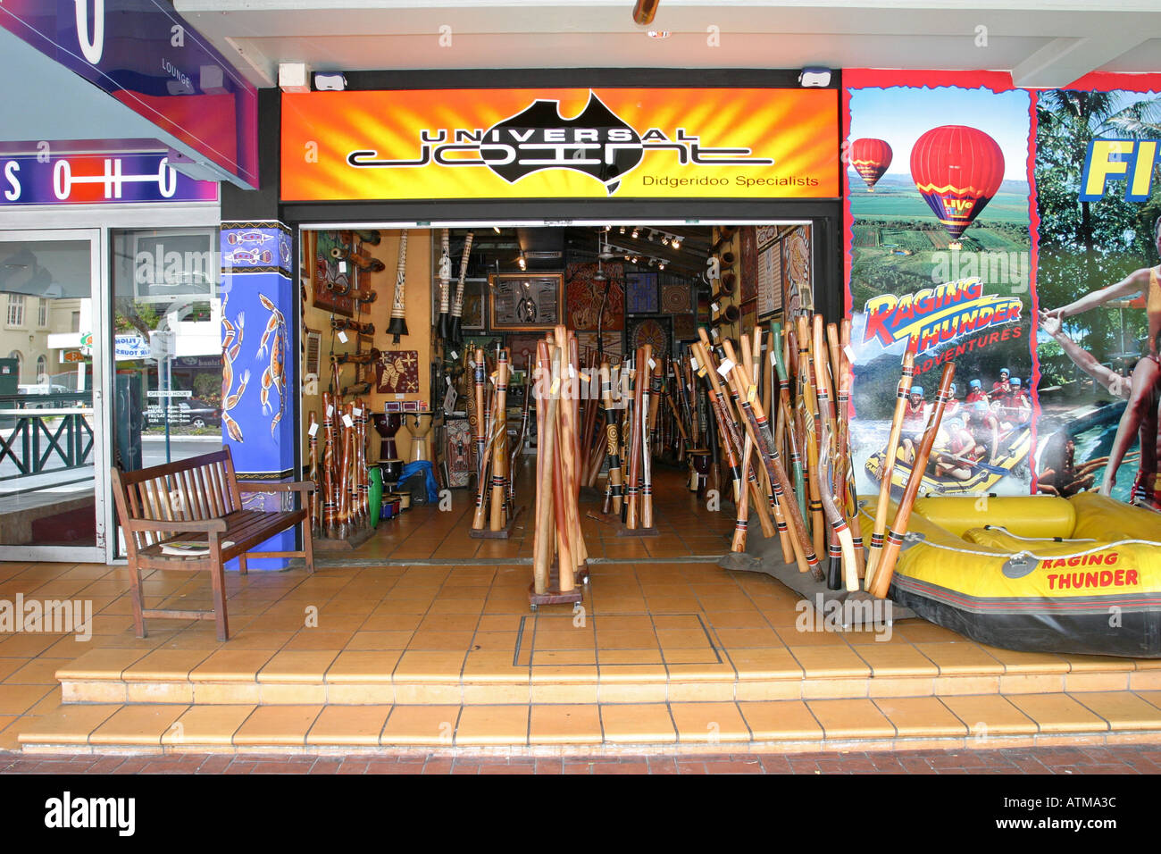 Wooden didgeridoo and boomerang tourist shop in central Cairns Stock