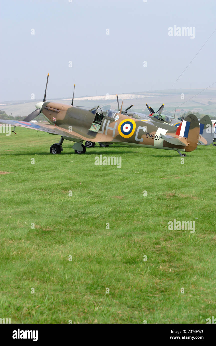 Row of Spitfires fronted by Spitfire Vb BM597 at Shoreham Airshow Stock Photo