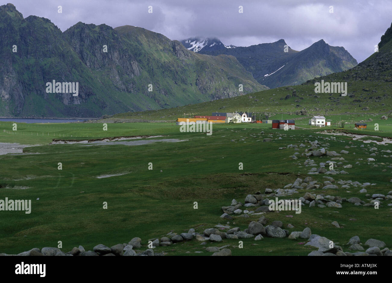 Mountains Shore inlet Fields Group of houses fishing community Stock ...