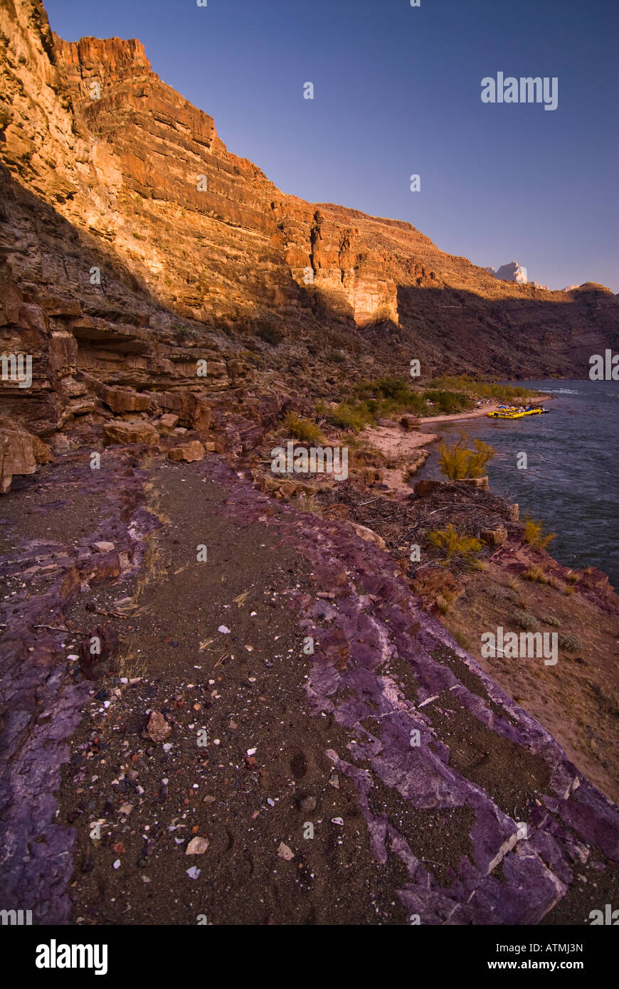 Purple rock at sunset 110 mile camp on the Colorado River in the Grand Canyon National Park Arizona Stock Photo