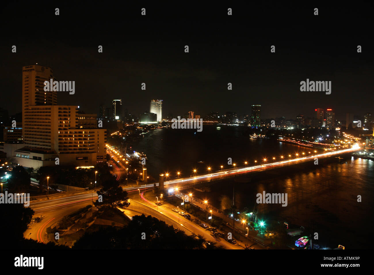 Cairo and the Nile seen from the Hotel Hilton at night. Stock Photo