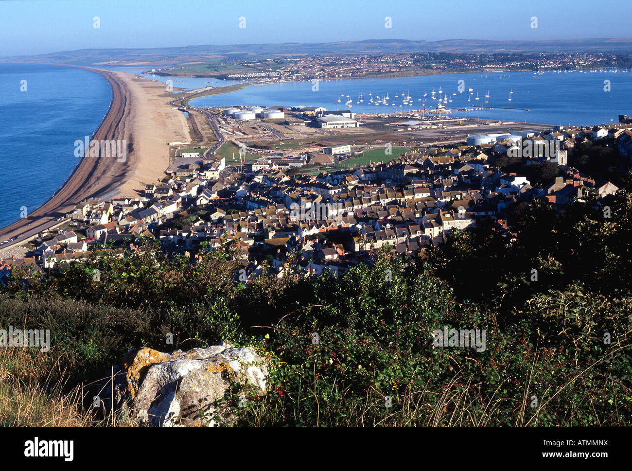 chesil beach from portland heights dorset england uk gb Stock Photo Alamy