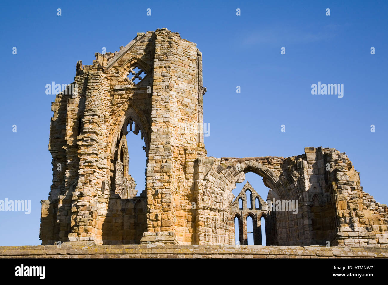 St Hilda's Abbey Benedictine monastery ruins against blue sky Heritage