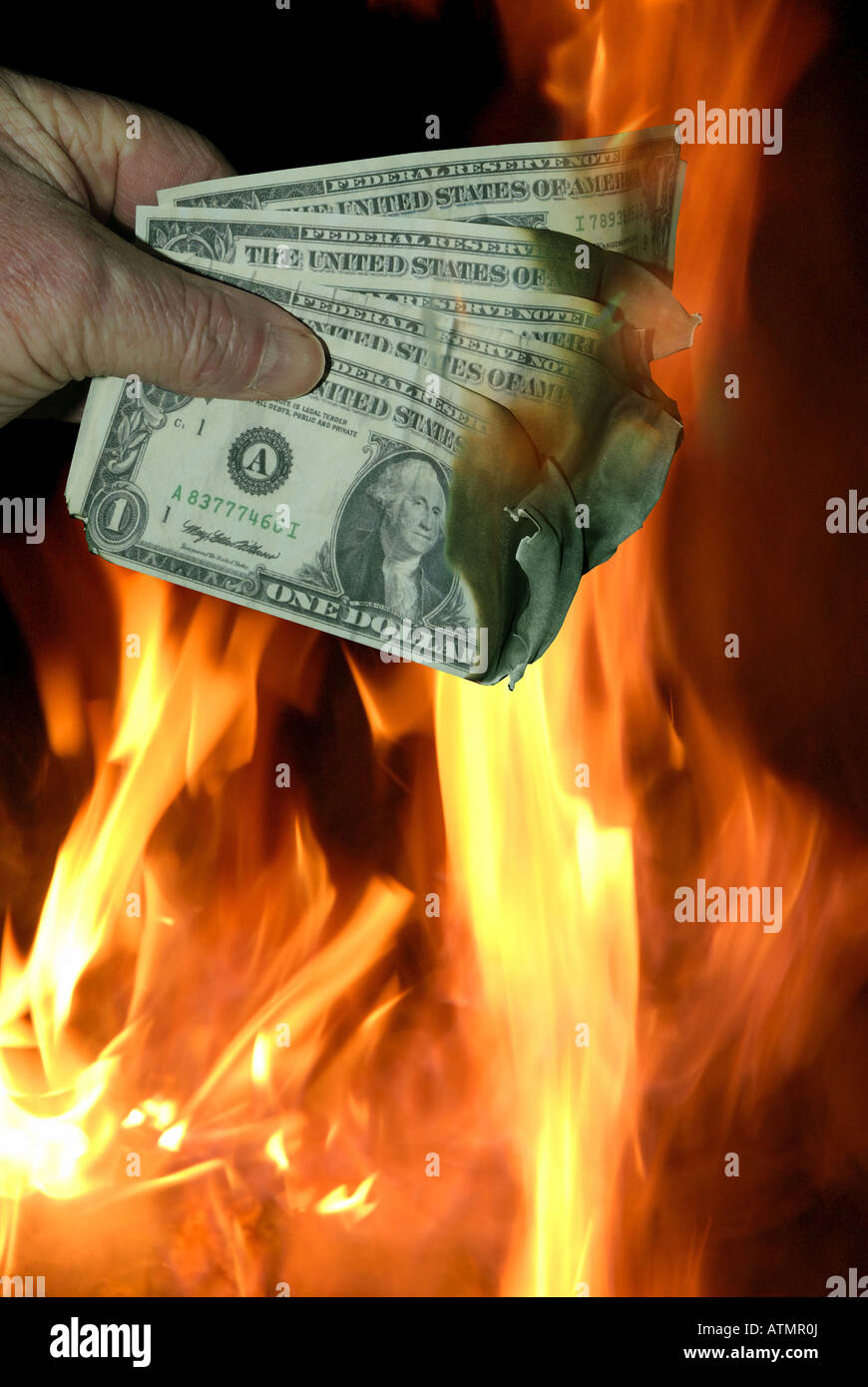 Dollar bills burning in flames Stock Photo Alamy
