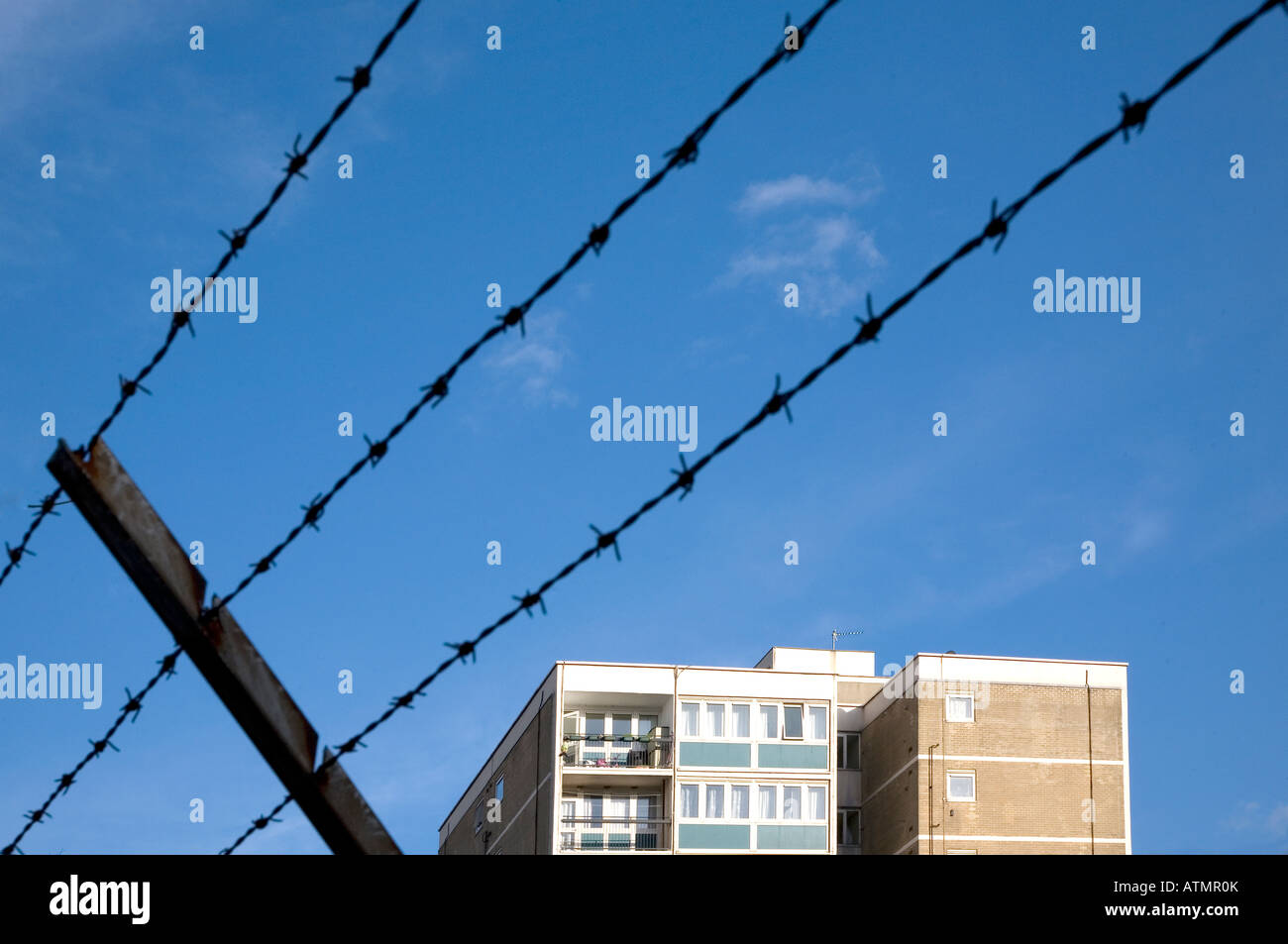London tower blocks with barbed wire Stock Photo