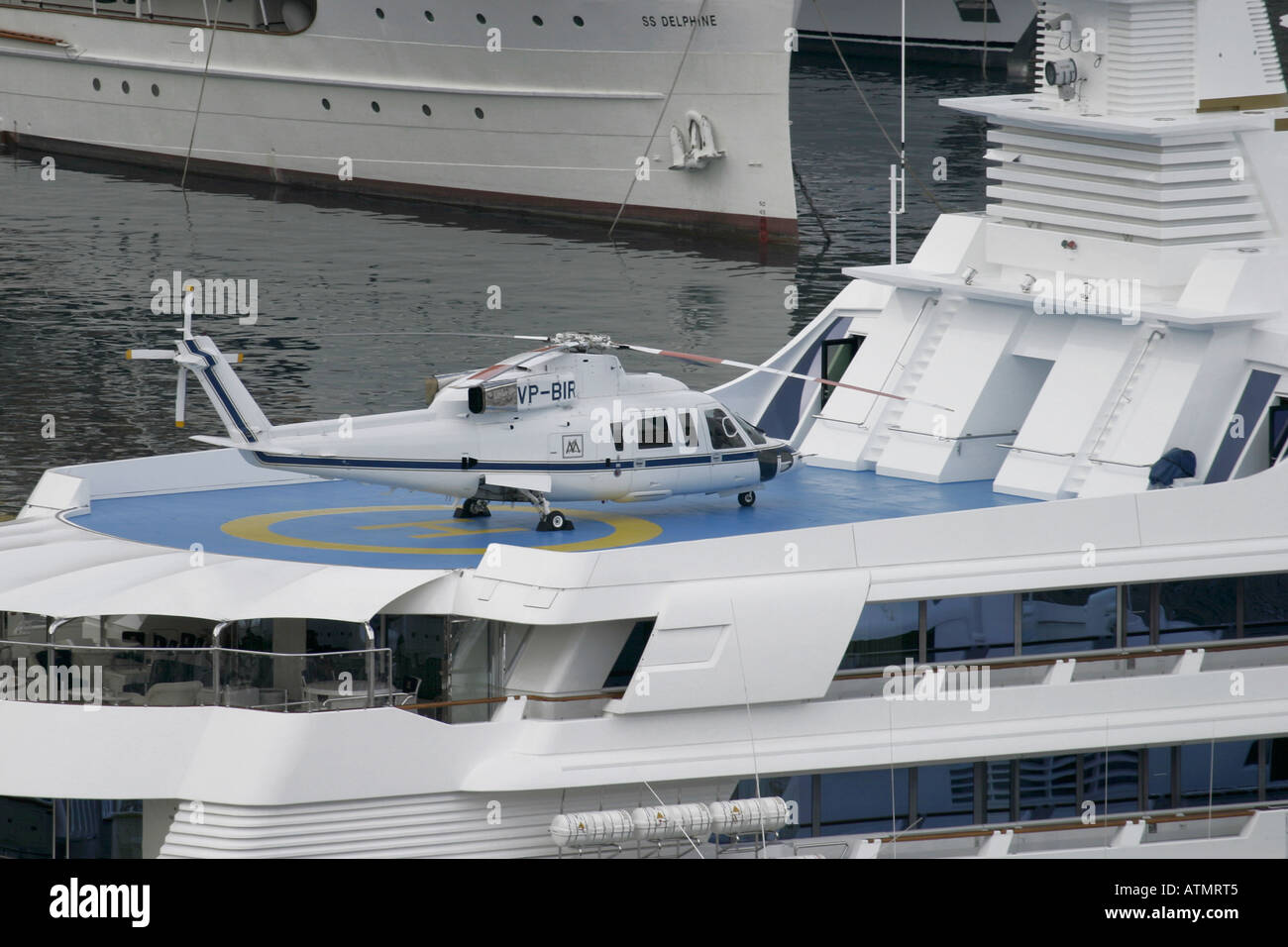 Private helicopter on luxury yacht Lady Moura - Monaco harbour. Stock Photo