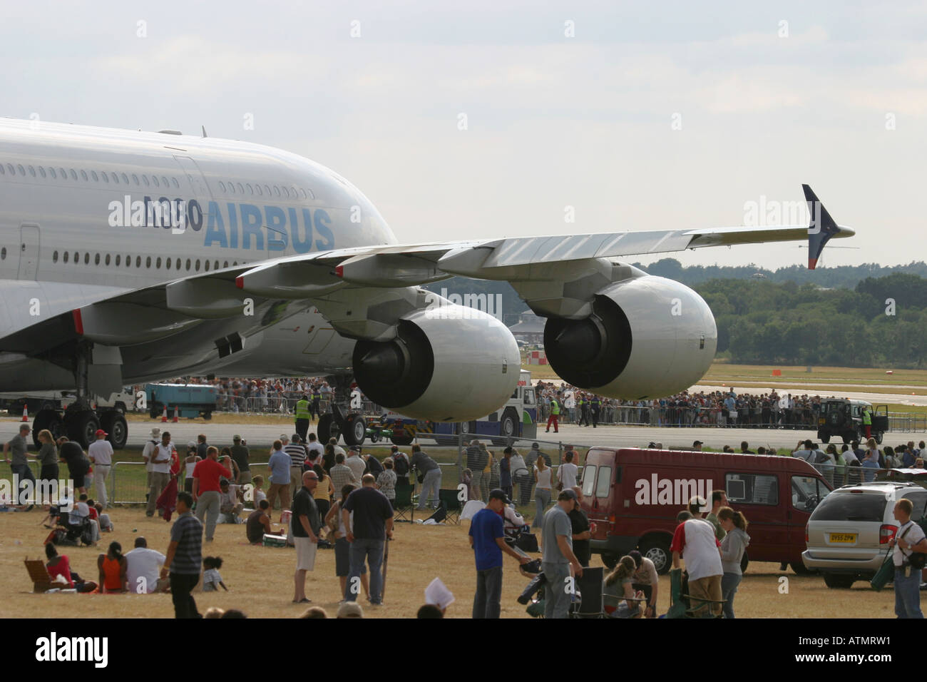 Close-up of Airbus A380 and spectators during open days at Farnborough International Airshow 2006 UK Stock Photo