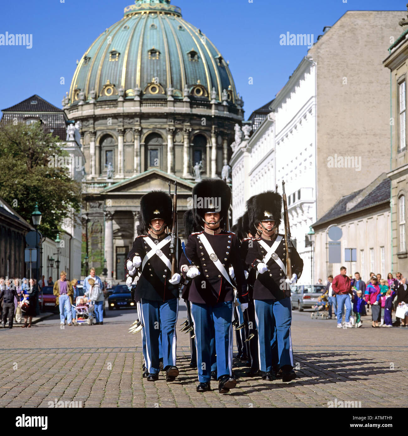 Royal life guards marching in front of Frederik's church, the Marble church, Copenhagen, Denmark Stock Photo