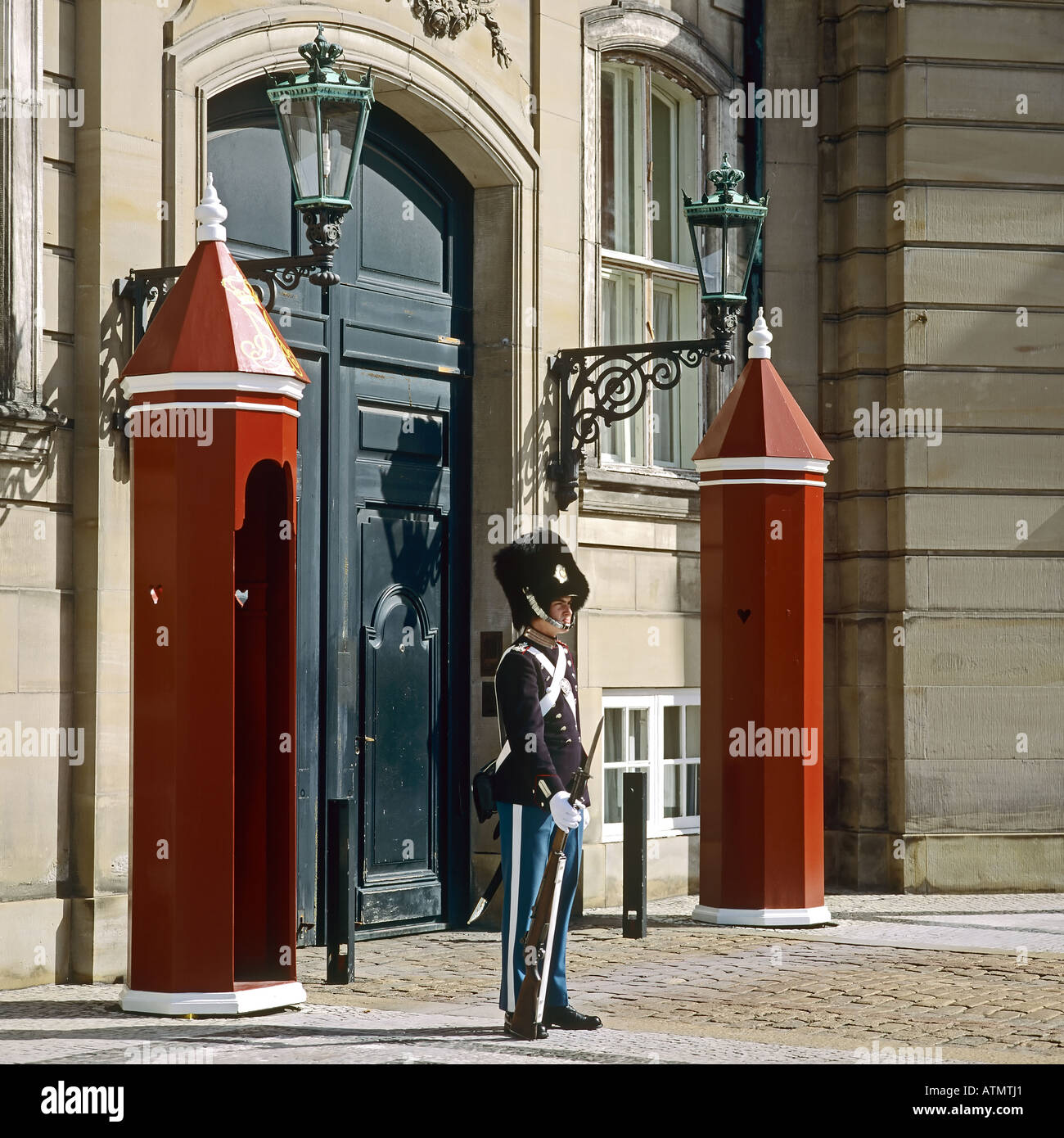 Royal life guard and sentry boxes, Amalienborg palace, Copenhagen, Denmark Stock Photo