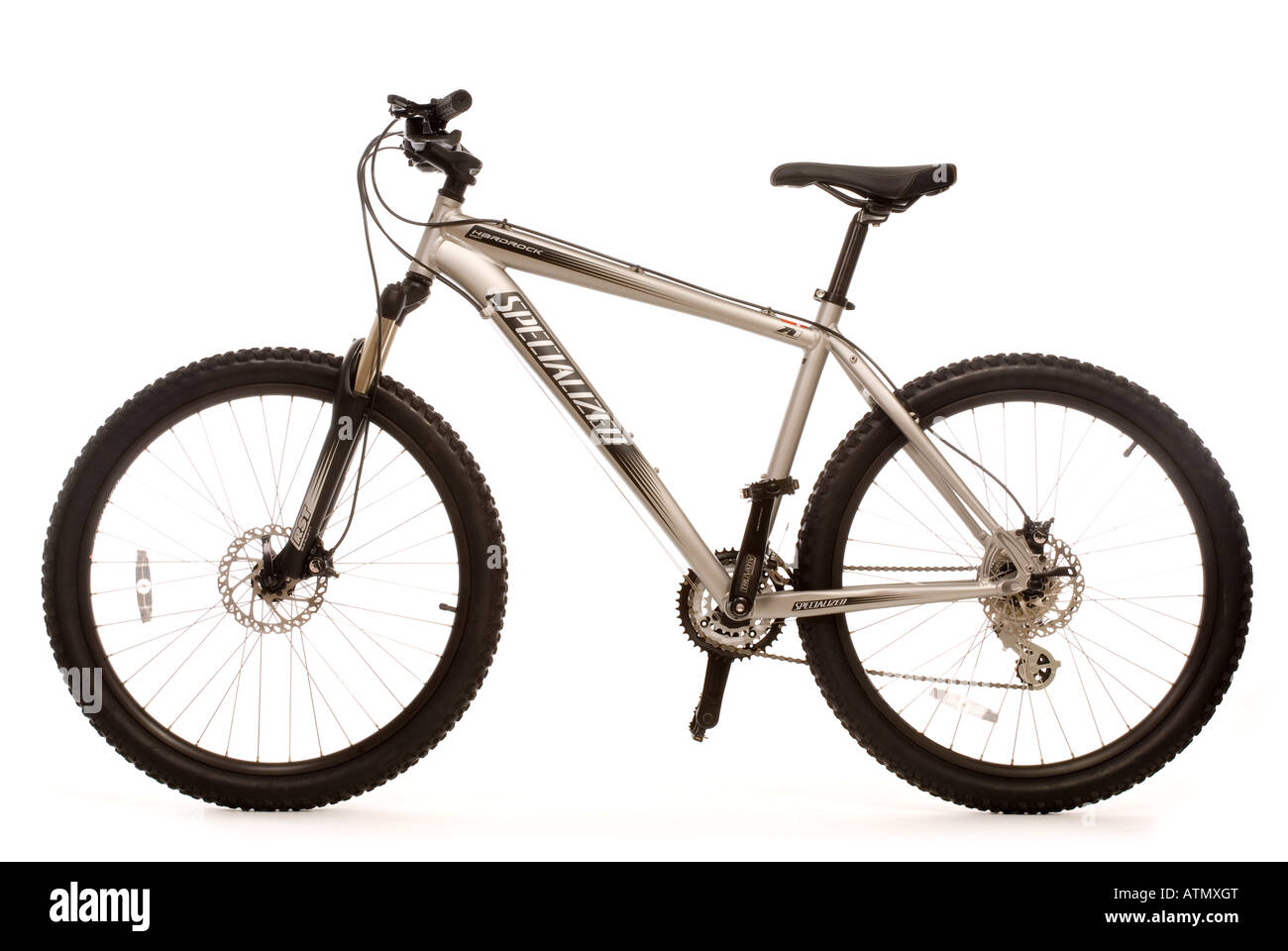 Side view of a new mountain bike with silver-coloured frame seen ...