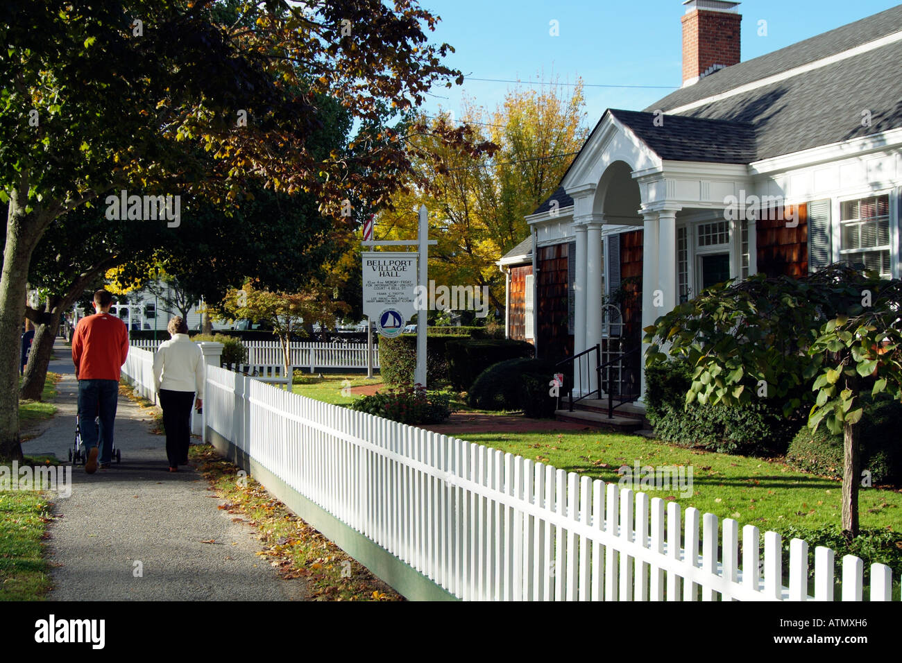 Town of Bellport on Long Island New York USA. Old wooden buildings