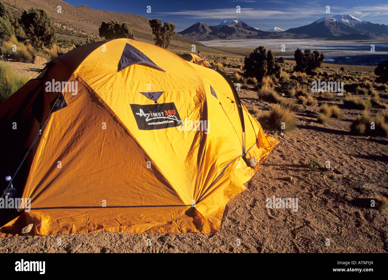 camp at Cerro Rojo Salar de Surire Reserva Nacional de las Vicunas Lauca National Park Chile Stock Photo