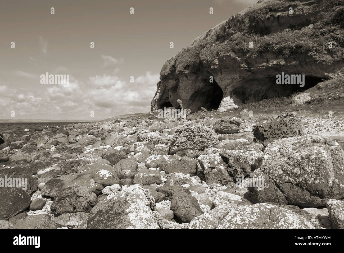 Monochrome Image of the King's Caves, west coast of the Isle of Arran, Scotland. Reputed refuge of Robert The Bruce. Stock Photo