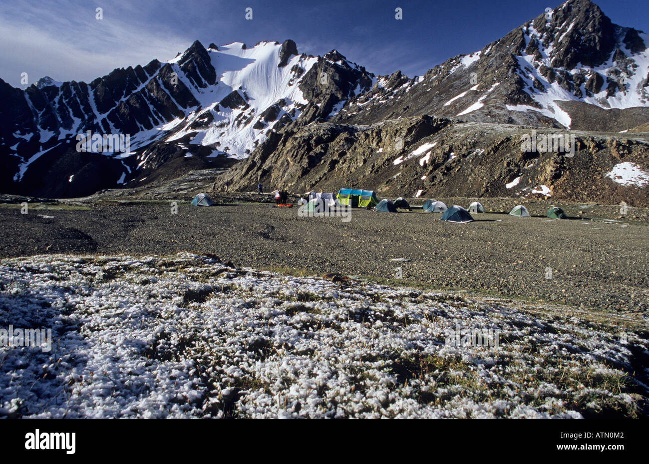 camp at Ala Kol Ala Kul Pass 3860 m Terskey Alatau Mountains Tian Shan Kyrgyzstan Stock Photo