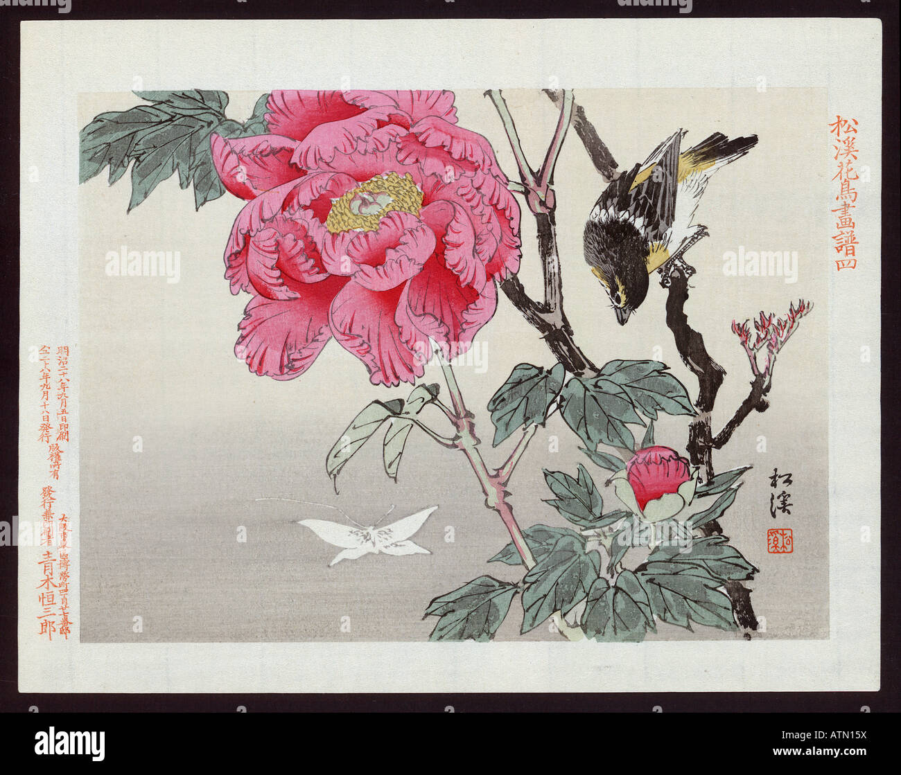 Japanese Ukiyo e print red flower with bird an a tree natural scene Stock Photo