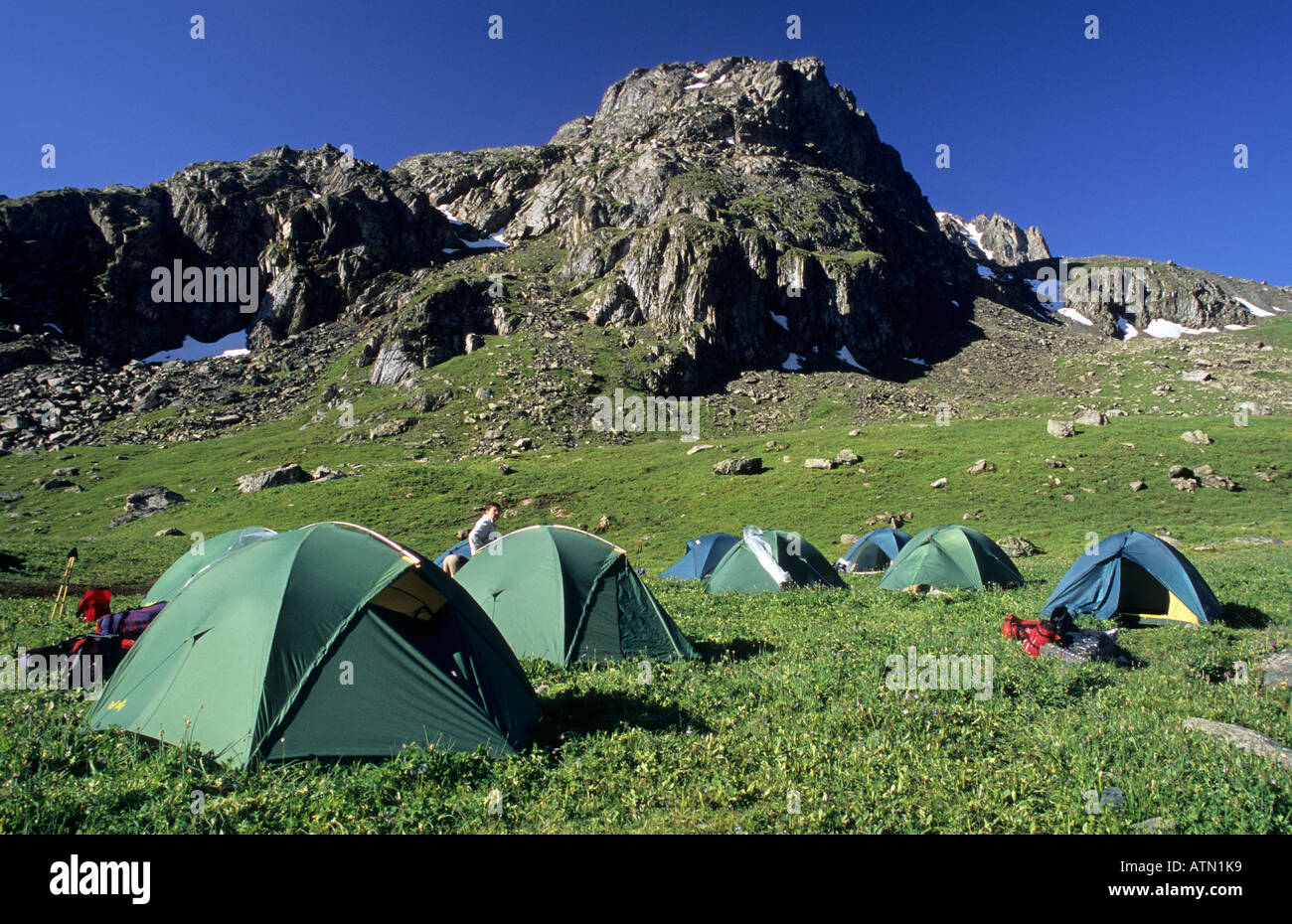 camp at Teleti Telety Pass 3800 m Terskey Alatau Mountains Tian Shan Kyrgyzstan Stock Photo