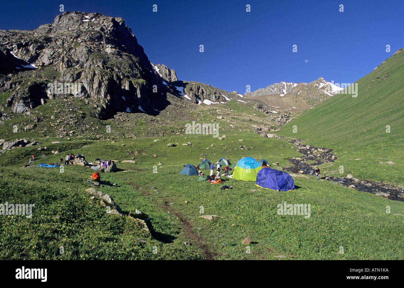camp at Teleti Telety Pass 3800 m Terskey Alatau Mountains Tian Shan Kyrgyzstan Stock Photo