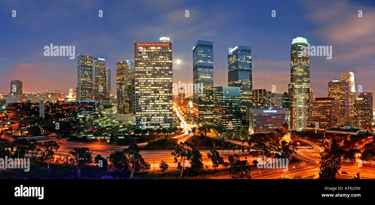 Downtown Los Angeles Skyline at Night with Full Moon Rise Stock Photo ...